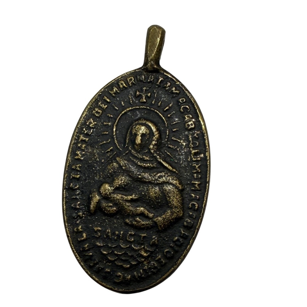 Vintage Bronze Virgin Mary and Child Religious Medal Oval Pendant